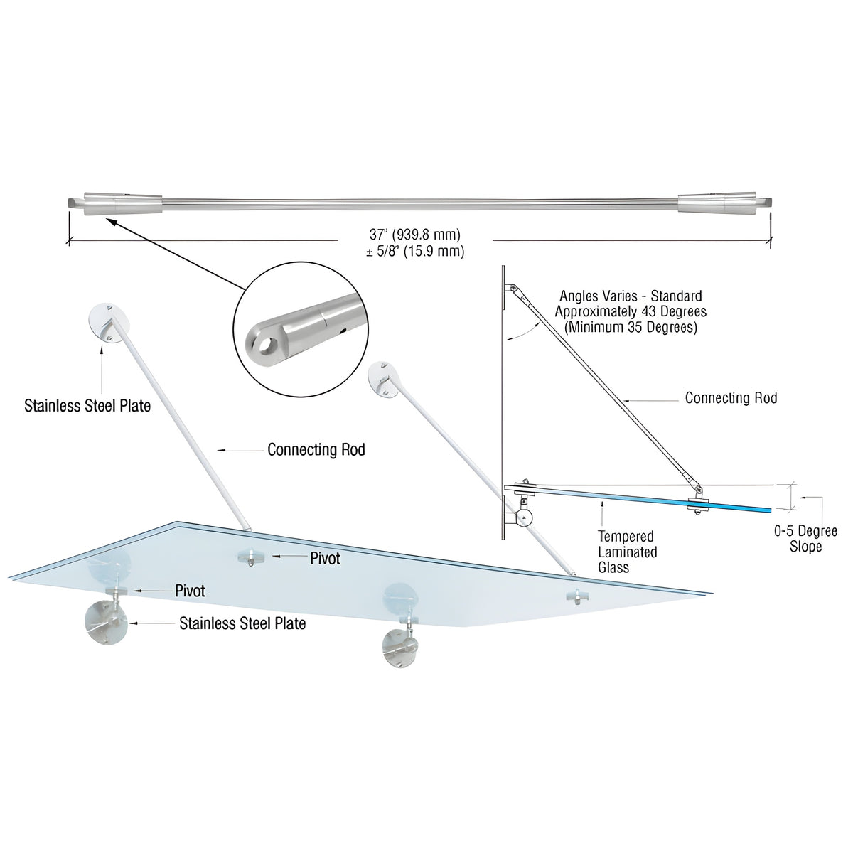 CRL 316 Brushed Stainless 37" Glass Awning System Connecting Rod for 36" Wide Panels