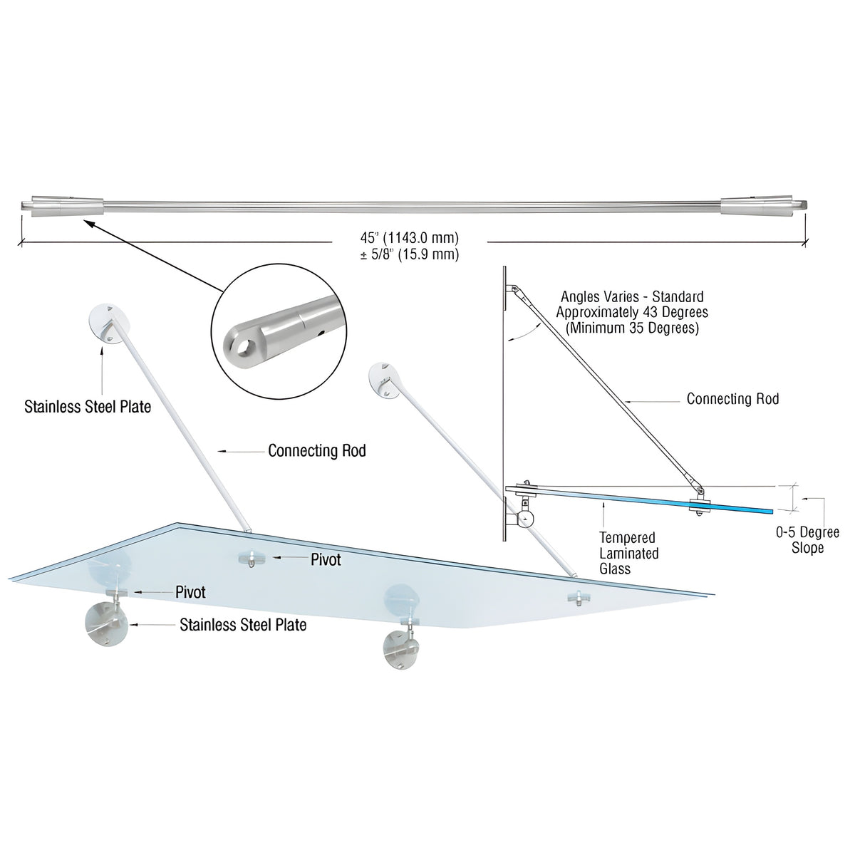 CRL 316 Brushed Stainless 45" Glass Awning System Connecting Rod for 42" Wide Panels