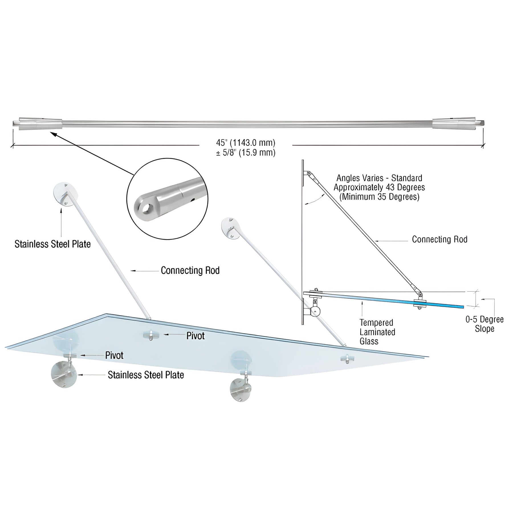 CRL 316 Brushed Stainless 45" Glass Awning System Connecting Rod for 42" Wide Panels