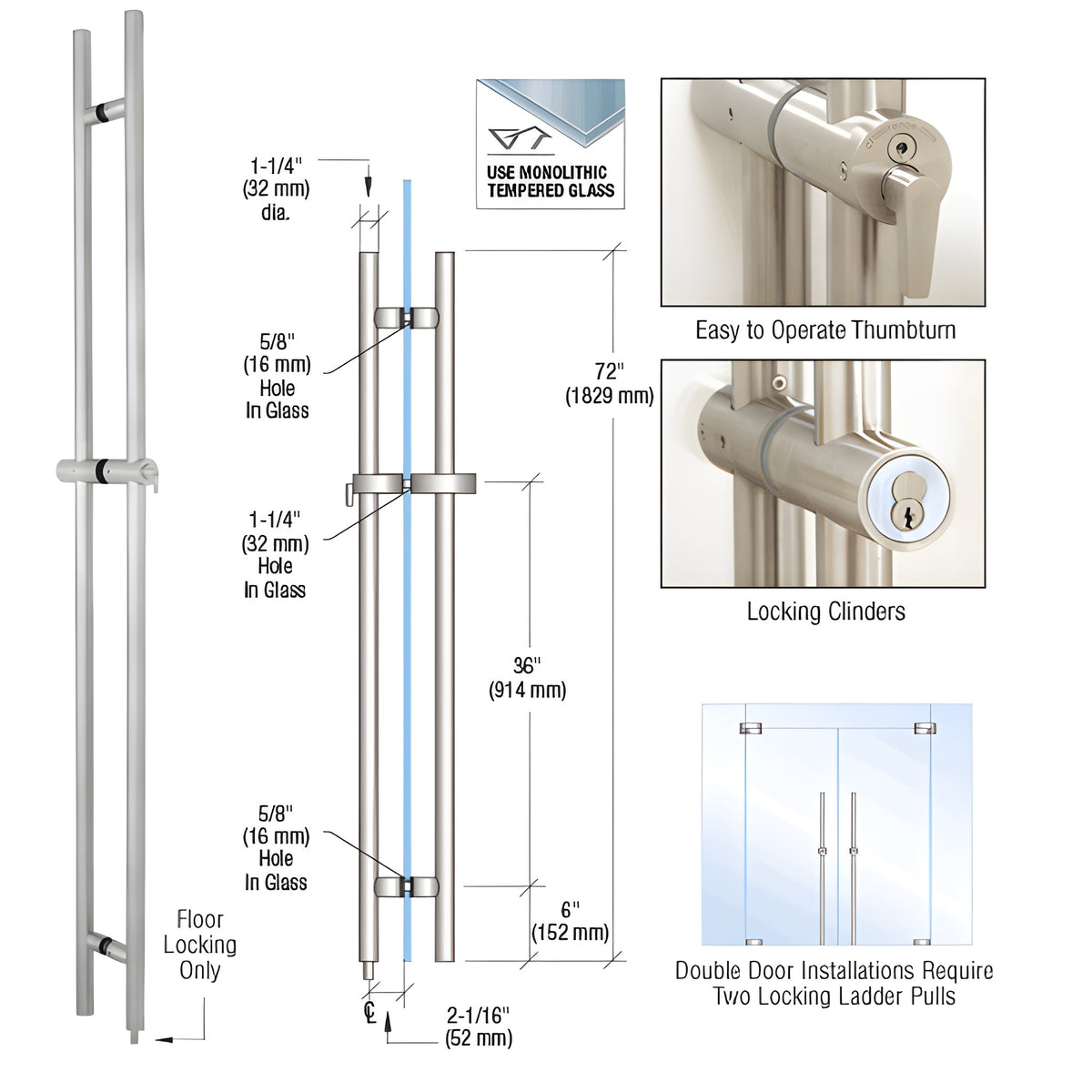 CRL 316 Brushed Stainless 72" Locking Ladder Pull
