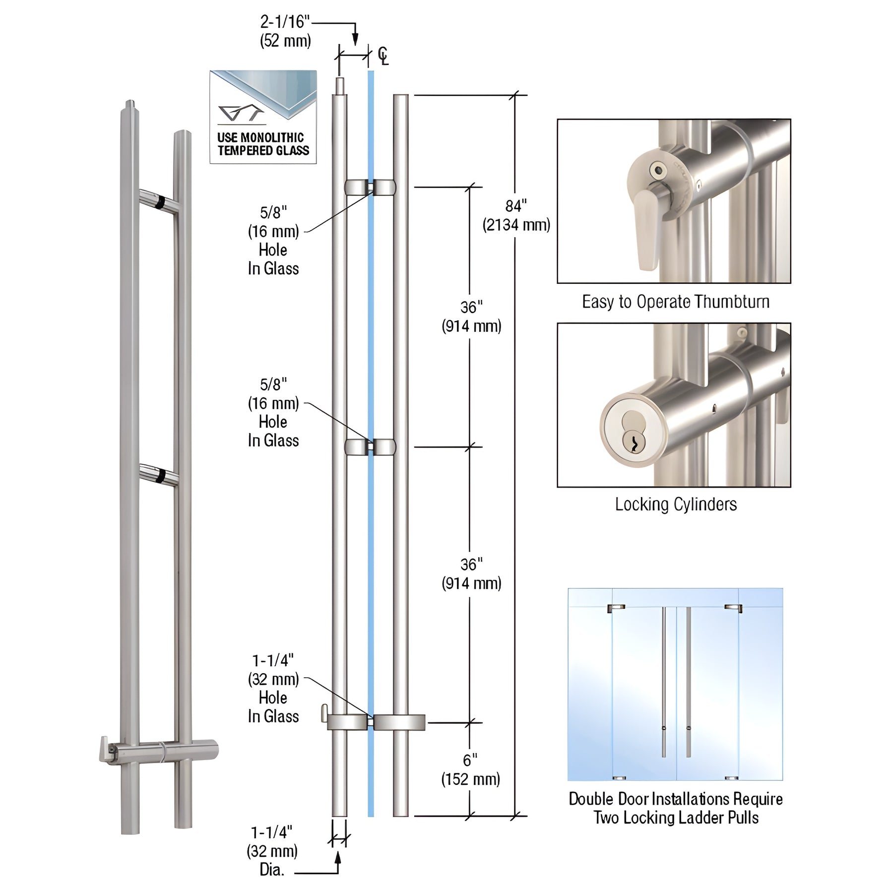 CRL 316 Brushed Stainless 84" Upwards Locking Ladder Pull