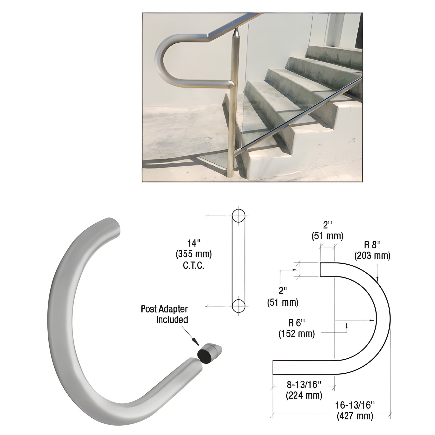 CRL 316 Brushed Stainless CRS Cap Rail Return with Post Adaptor