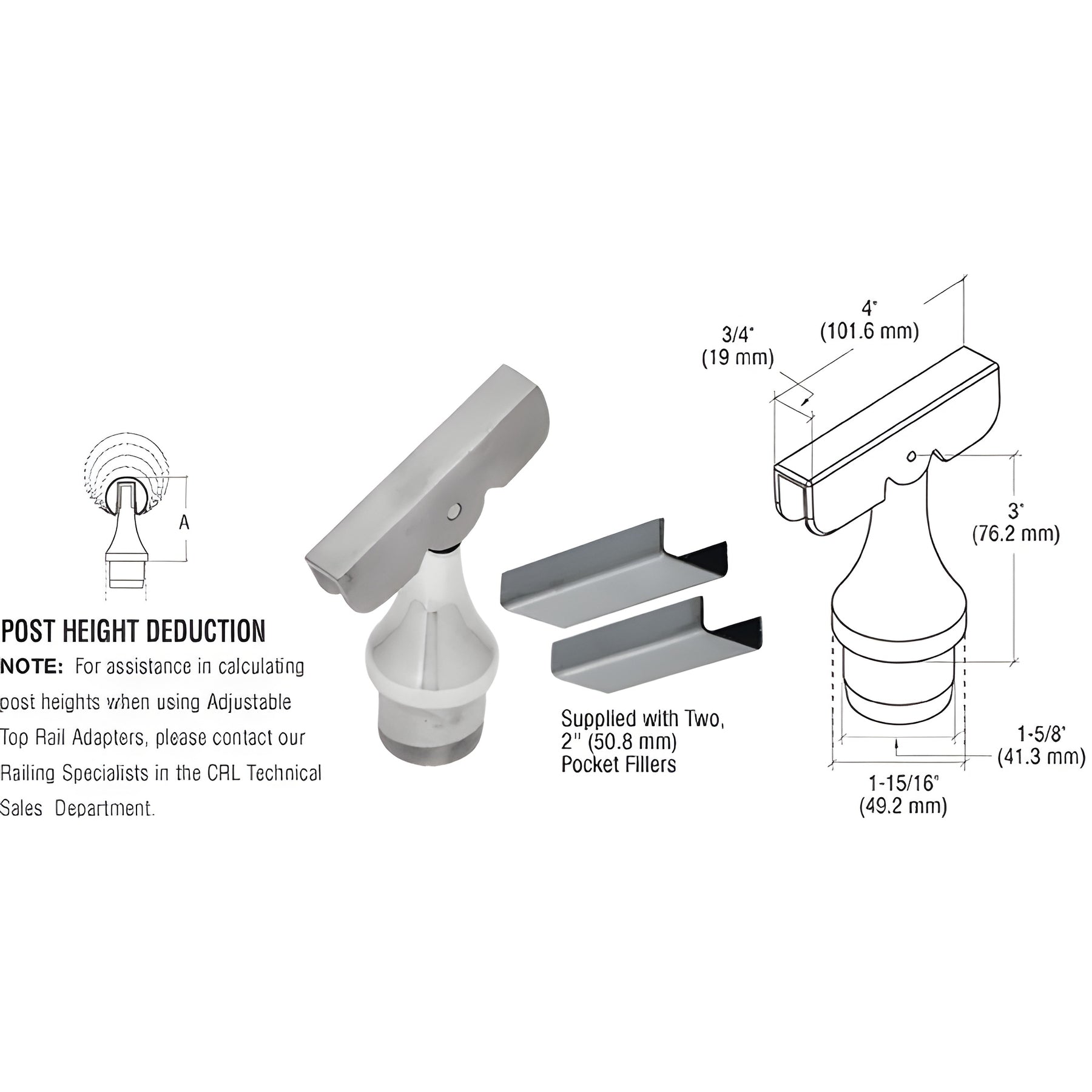 CRL 316 Brushed Stainless CRS Rail Adaptor with Adjustable Top