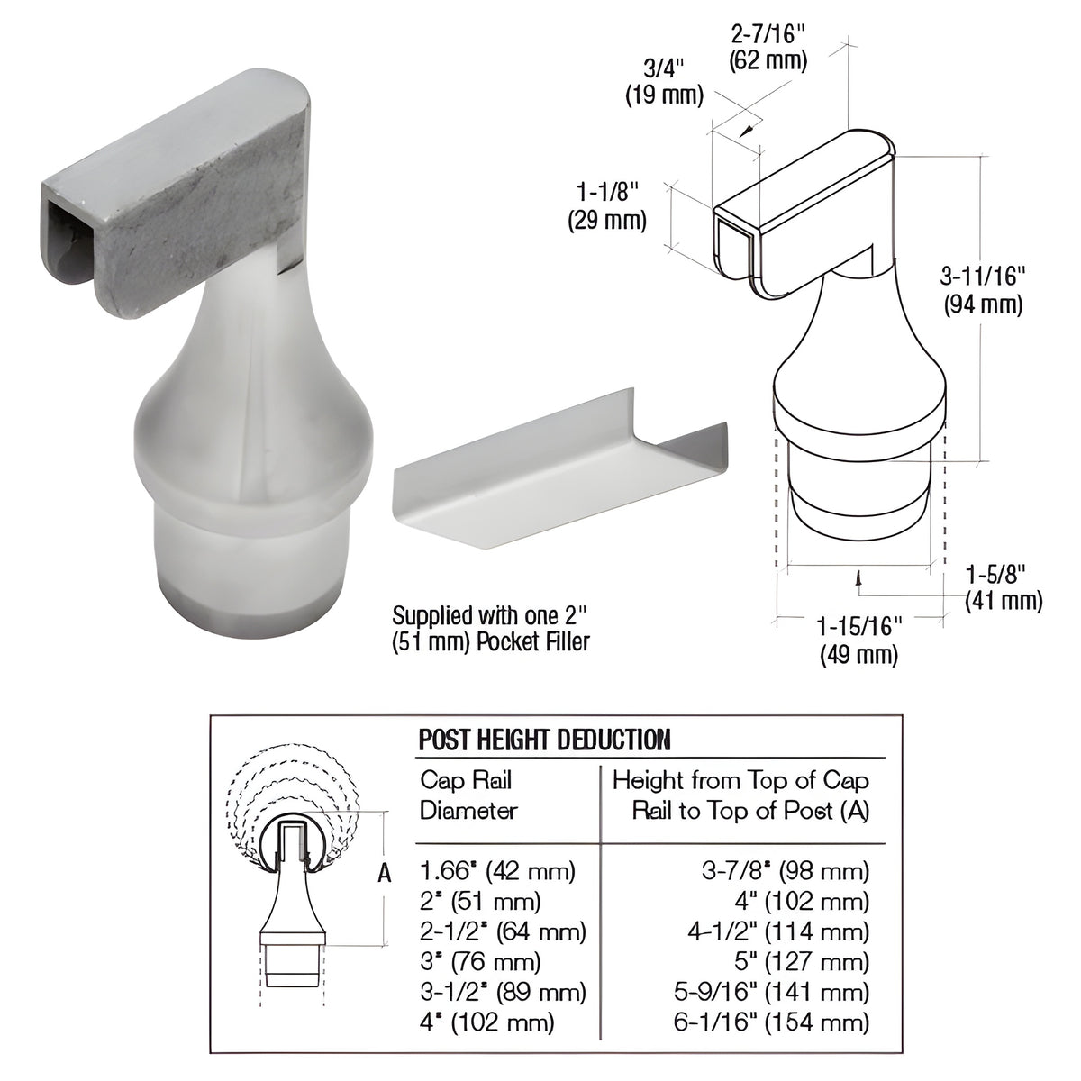 CRL 316 Brushed Stainless CRS Top Rail Adaptor for End Posts