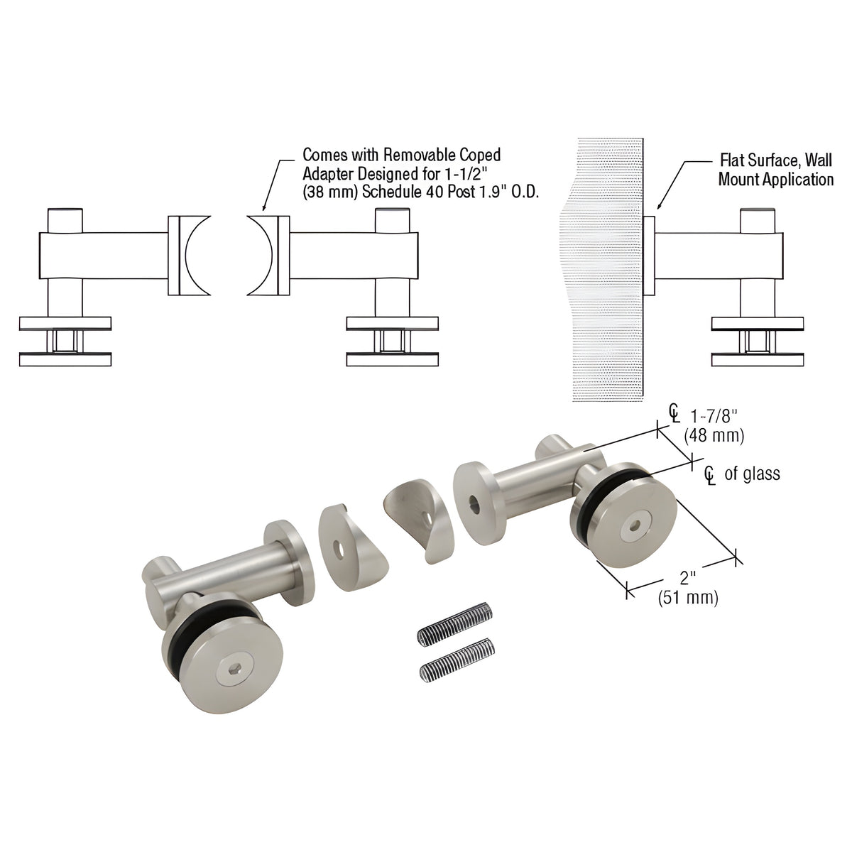 CRL 316 Brushed Stainless Double Arm Fixed Fitting Set for 1/2" Glass