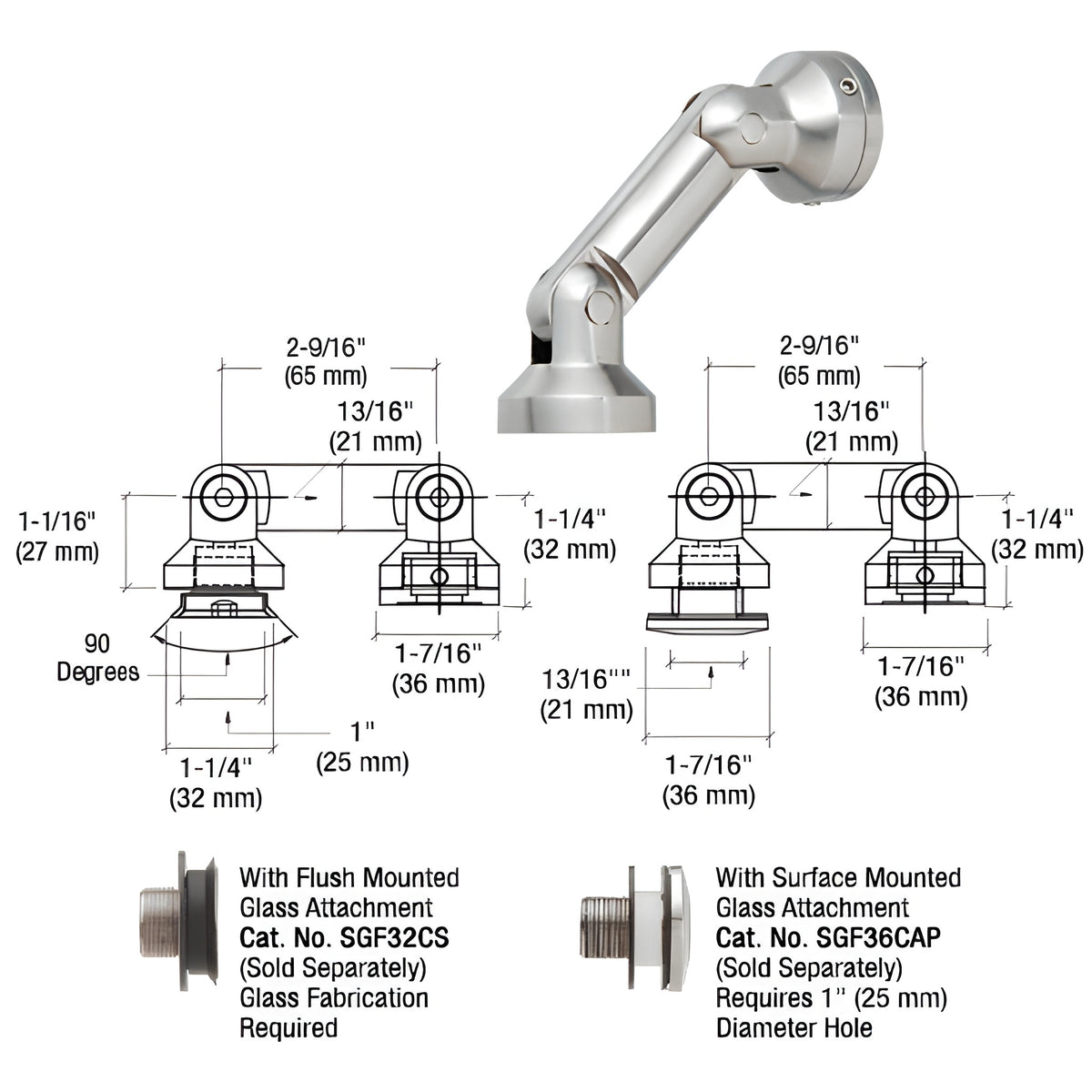 CRL 316 Brushed Stainless Dual Pivot Glass-to-Wall/Floor Swivel Fitting
