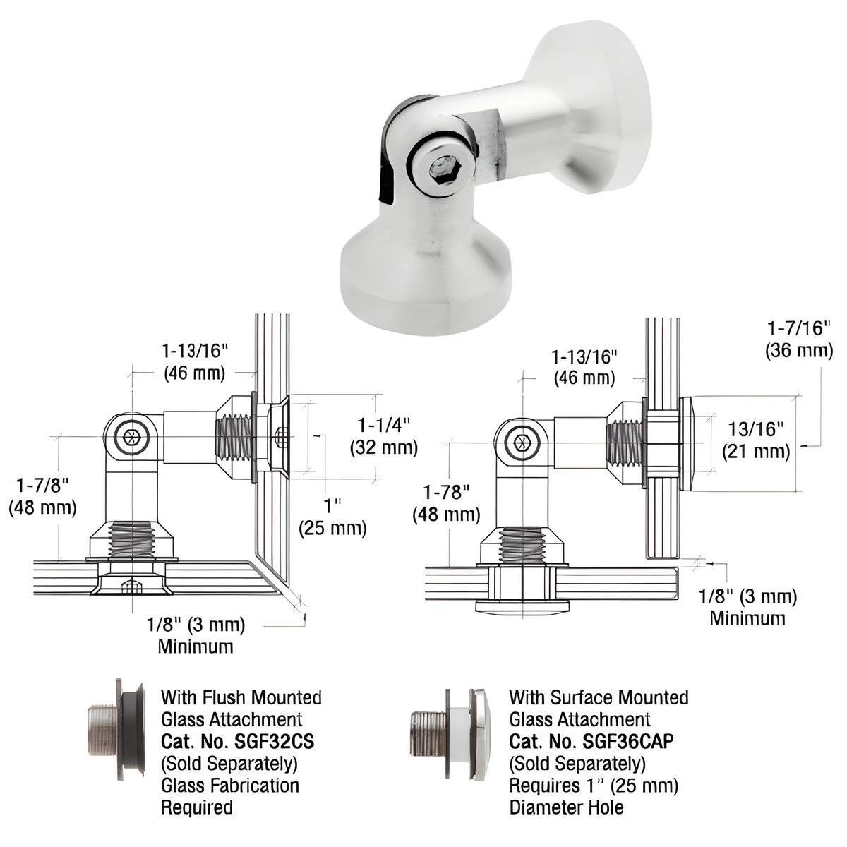 CRL 316 Brushed Stainless Glass-to-Glass Single Pivot Column Series Swivel Fitting