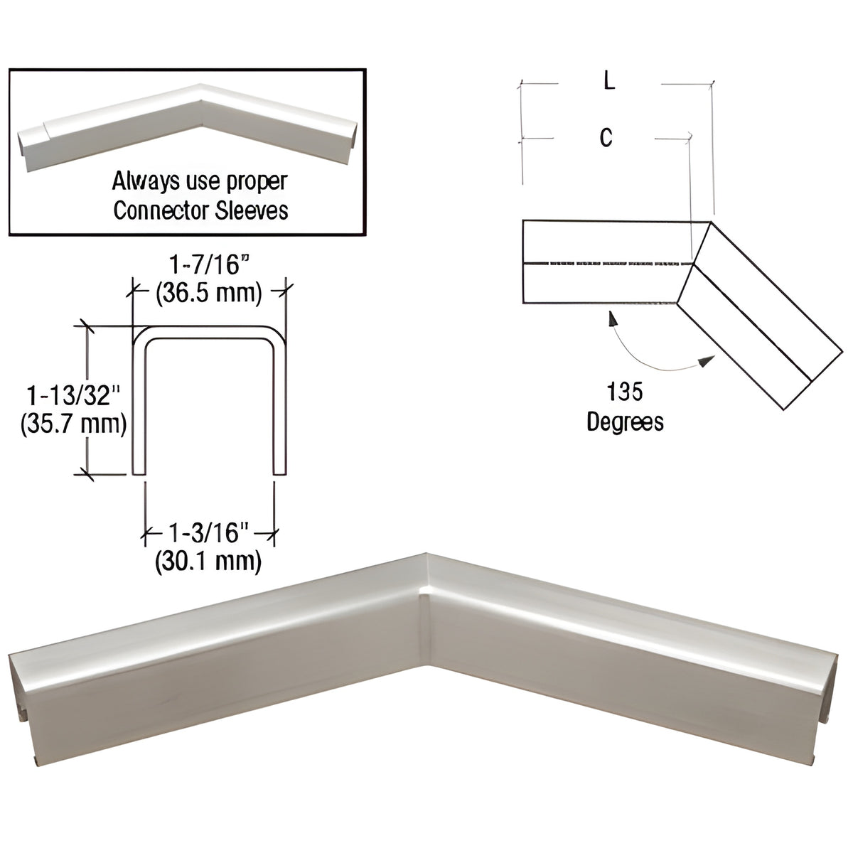CRL 316 Brushed Stainless L10 Series U-Channel 135 Degree Horizontal Corner for 21.52 mm Laminated Glass Cap Railing