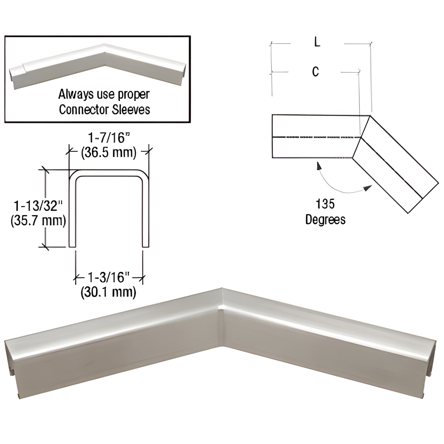 CRL 316 Brushed Stainless L10 Series U-Channel 135 Degree Horizontal Corner for 21.52 mm Laminated Glass Cap Railing