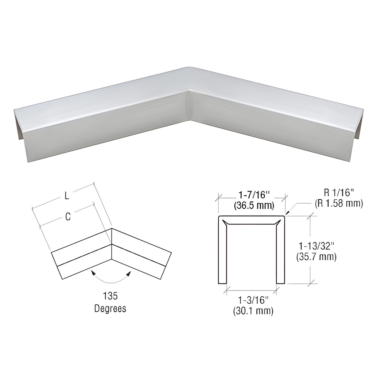 CRL 316 Brushed Stainless L10 Series U-Channel 135 Degree Horizontal Corner for 21.52 mm Laminated Glass Cap Railing