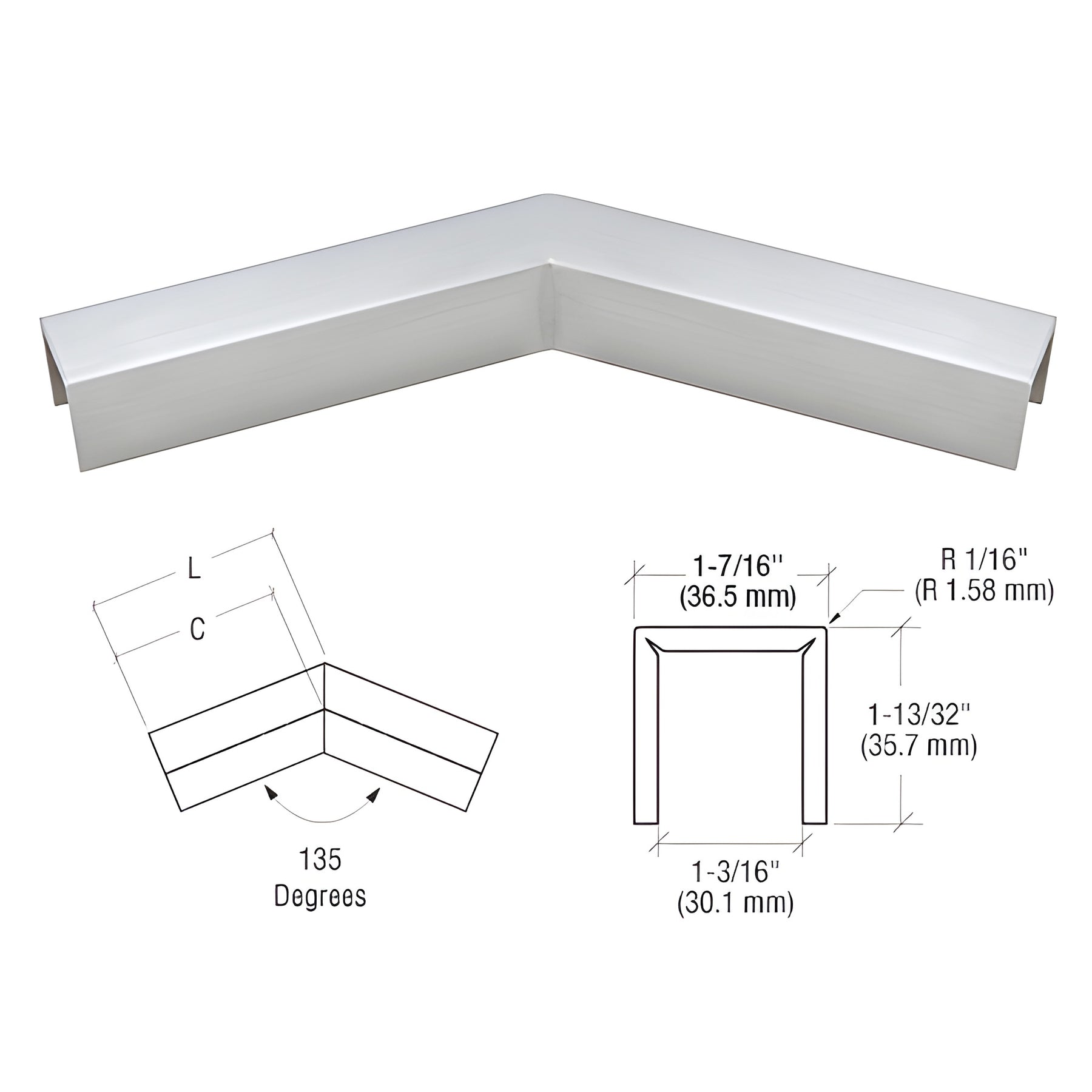 CRL 316 Brushed Stainless L10 Series U-Channel 135 Degree Horizontal Corner for 21.52 mm Laminated Glass Cap Railing