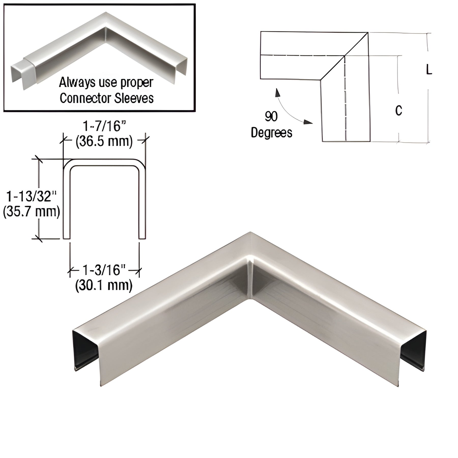 CRL 316 Brushed Stainless L10 Series U-Channel 90 Degree Horizontal Corner for 21.52 mm Glass Cap Railing