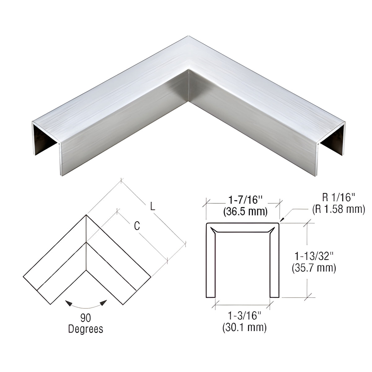 CRL 316 Brushed Stainless LC10 Series Crisp Corner U-Channel 90 Degree Horizontal Corner for 21.52 mm Glass Cap Railing