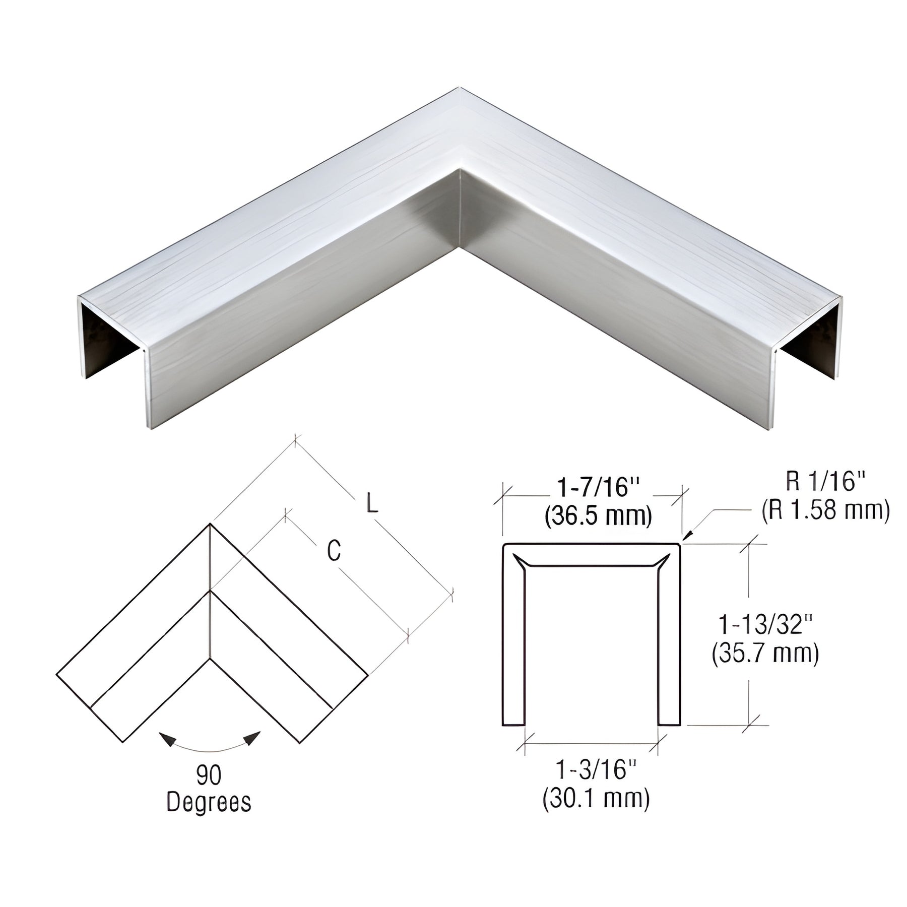 CRL 316 Brushed Stainless LC10 Series Crisp Corner U-Channel 90 Degree Horizontal Corner for 21.52 mm Glass Cap Railing