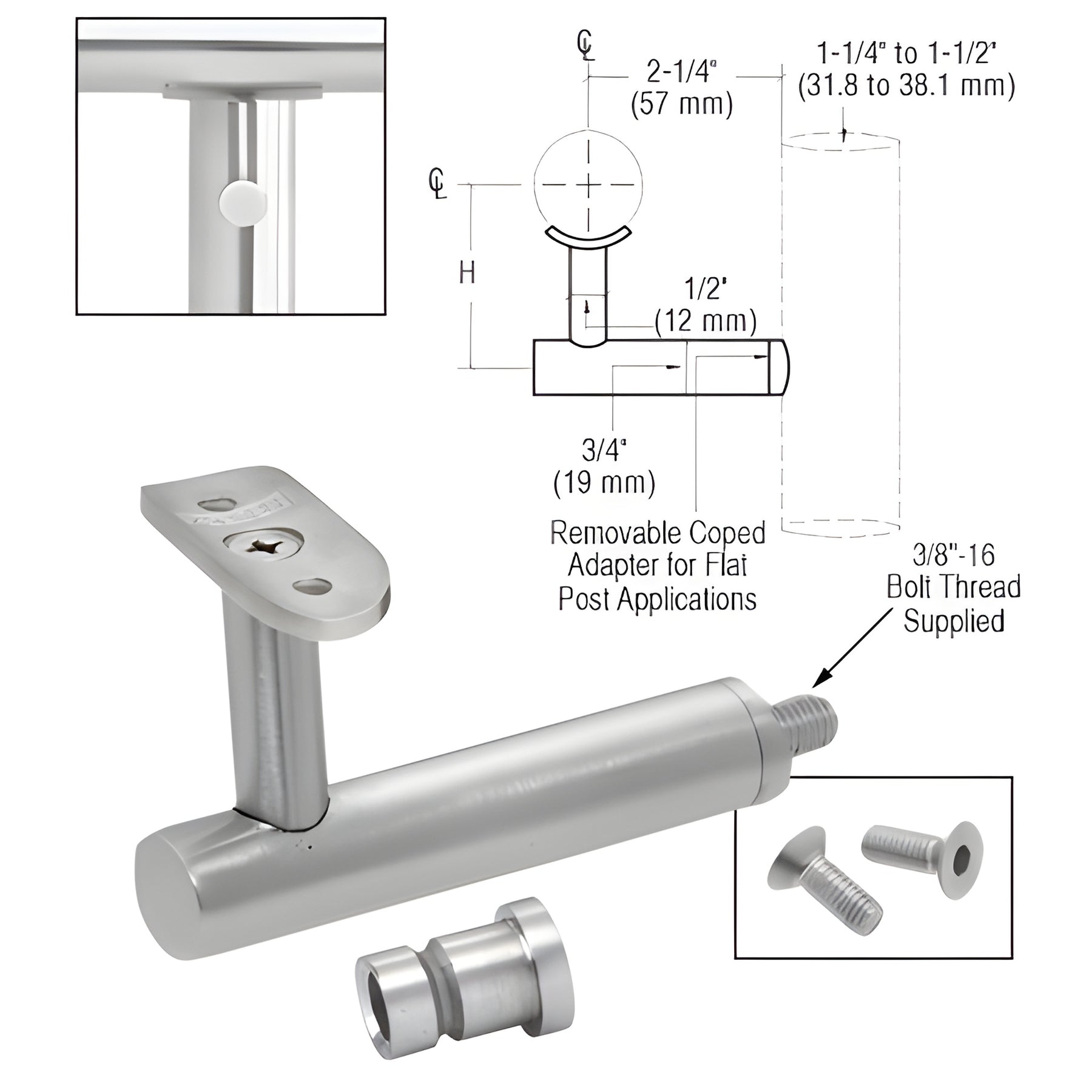 CRL 316 Brushed Stainless Short Arm Malibu Series Post Mounted Hand Rail Bracket