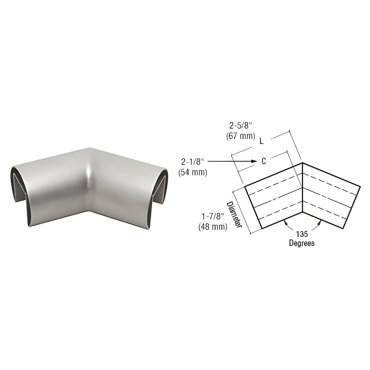 CRL 316 Brushed Stainless Steel 1-7/8" Diameter Roll Form 135 Degree Horizontal Corner