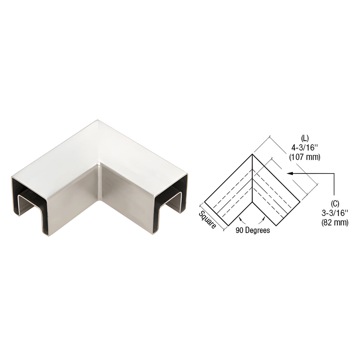 CRL 316 Brushed Stainless Steel 90 Degree Horizontal Roll Formed Cap Rail Corner