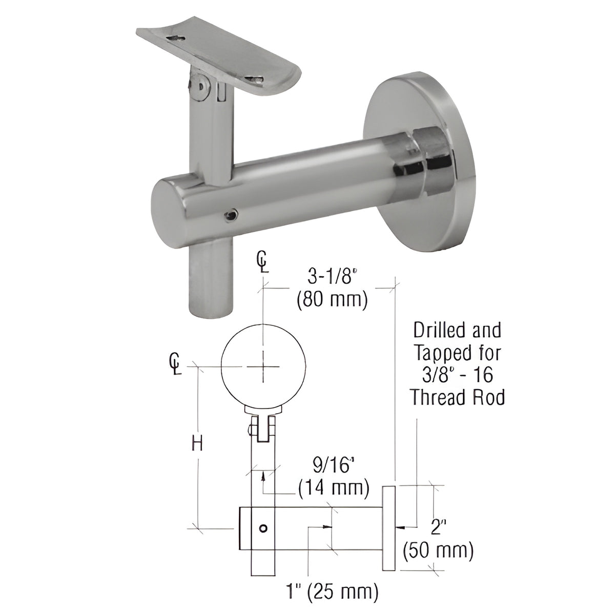 CRL 316 Brushed Stainless Sunset Series Wall Mounted Hand Rail Bracket
