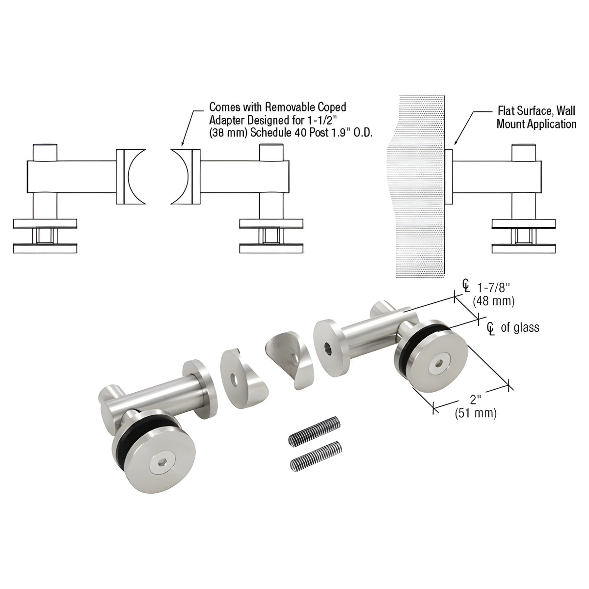 CRL 316 Polished Stainless Double Arm Fixed Fitting Set for 1/2" Glass