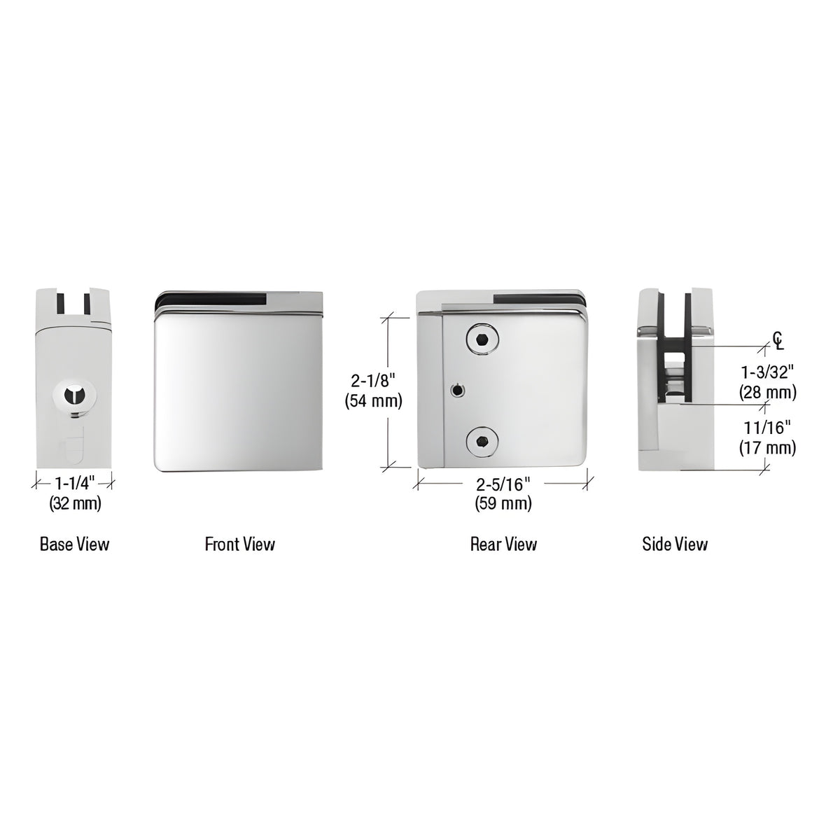 CRL 316 Polished Stainless Flat Base Clamp for 1/2" and 9/16" Glass