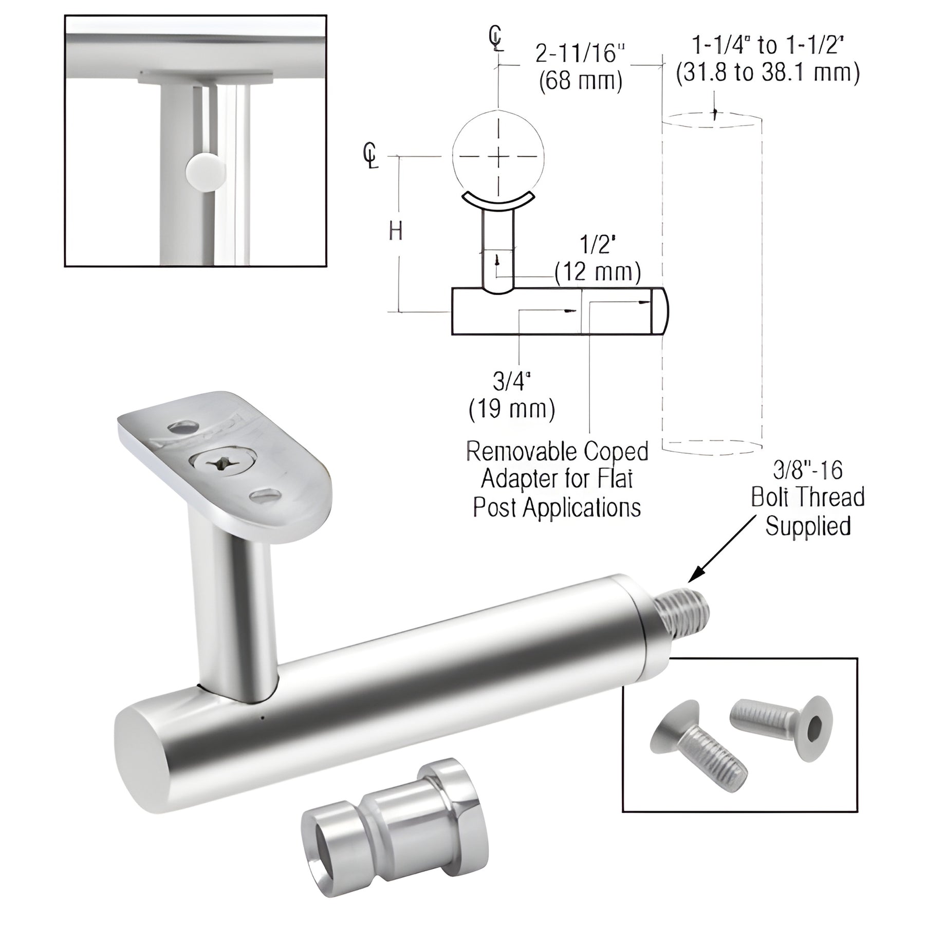 CRL 316 Polished Stainless Long Arm Malibu Series Post Mounted Hand Rail Bracket