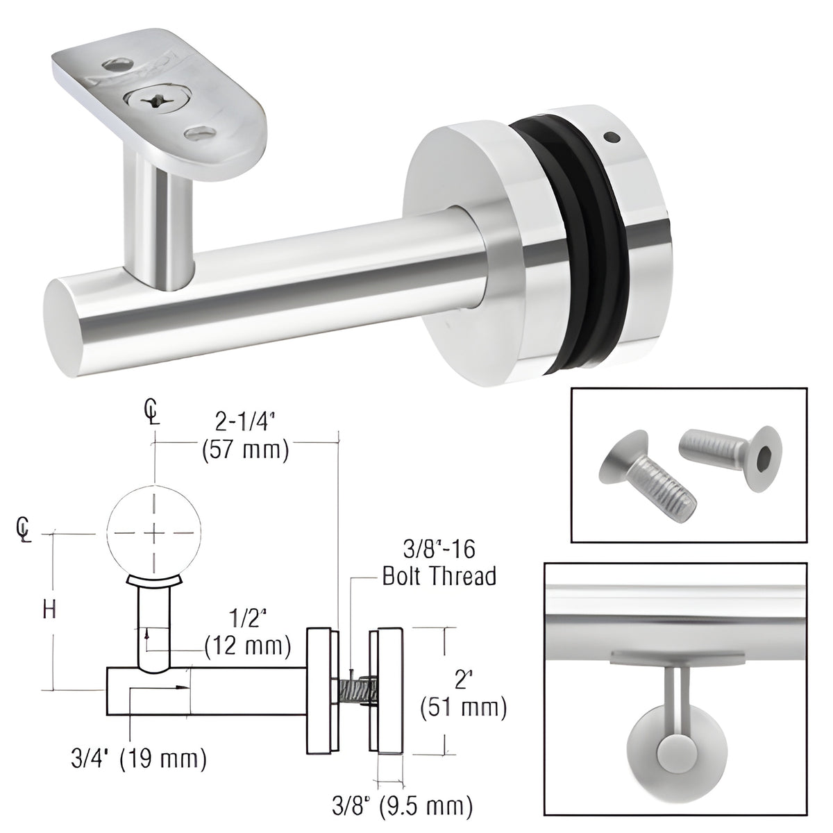 CRL 316 Polished Stainless Short Arm Malibu Series Glass Mounted Hand Rail Bracket