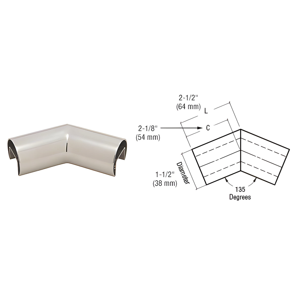 CRL 316 Polished Stainless Steel 1-1/2" Diameter Roll Form 135 Degree Horizontal Corner