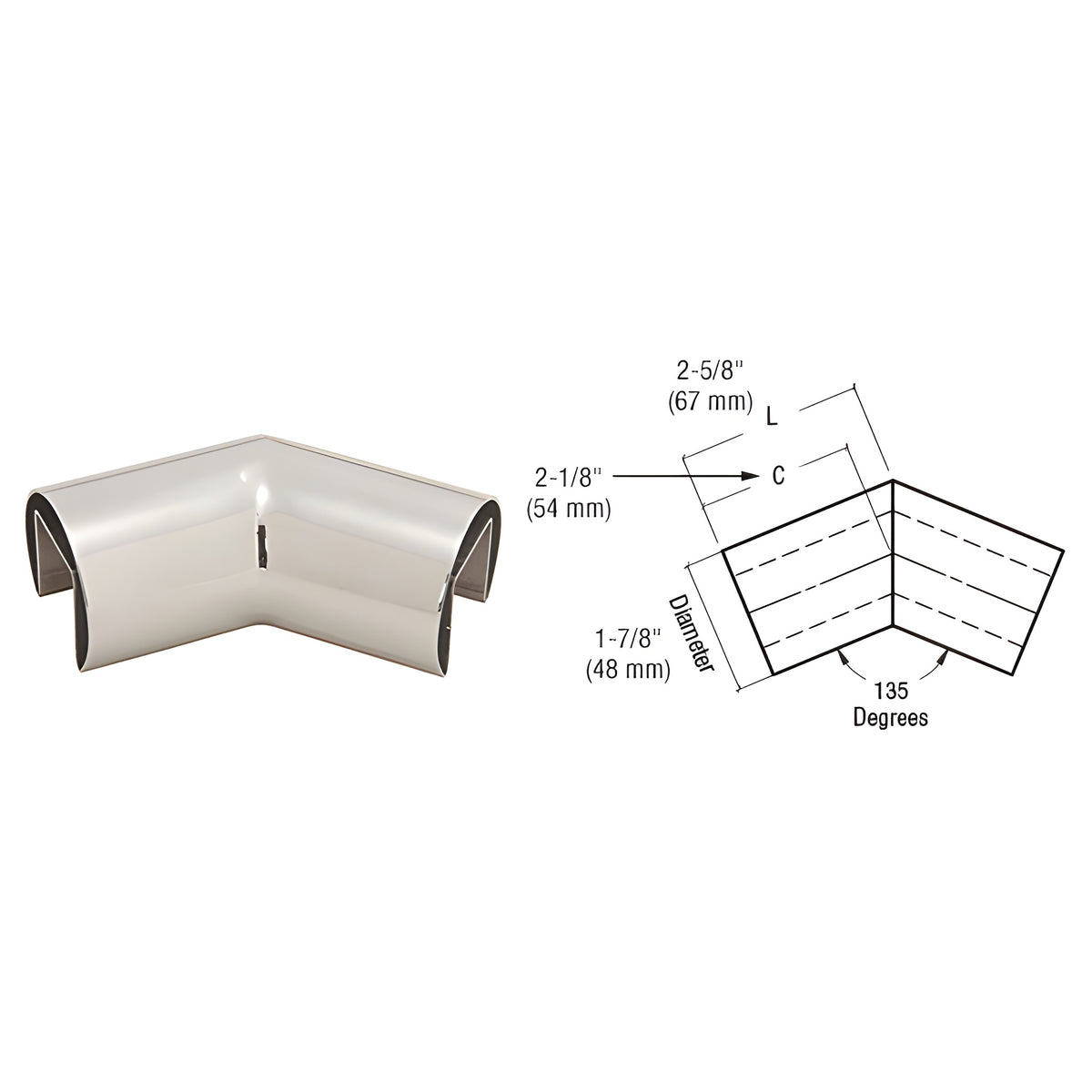 CRL 316 Polished Stainless Steel 1-7/8" Diameter Roll Form 135 Degree Horizontal Corner
