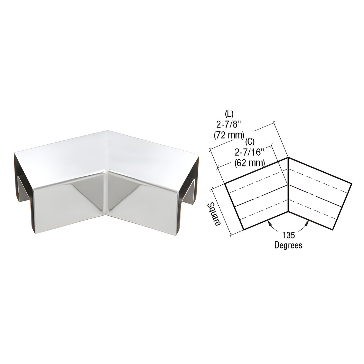 CRL 316 Polished Stainless Steel 135 Degree Horizontal Roll Formed Cap Rail Corner