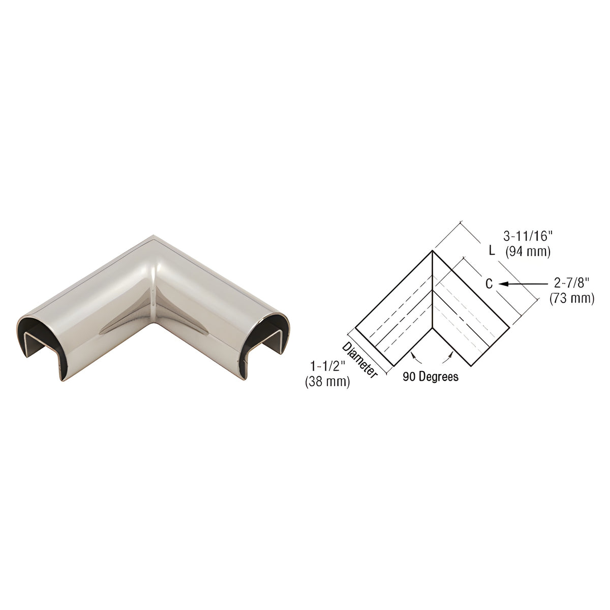 CRL 316 Polished Stainless Steel 90 Degree Horizontal Roll Formed Cap Rails Corners