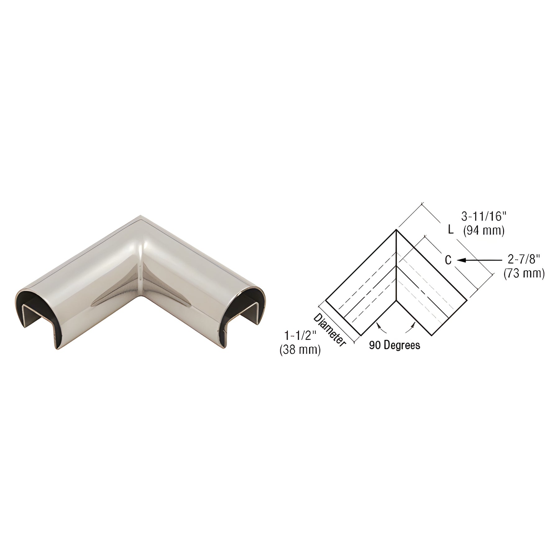 CRL 316 Polished Stainless Steel 90 Degree Horizontal Roll Formed Cap Rails Corners