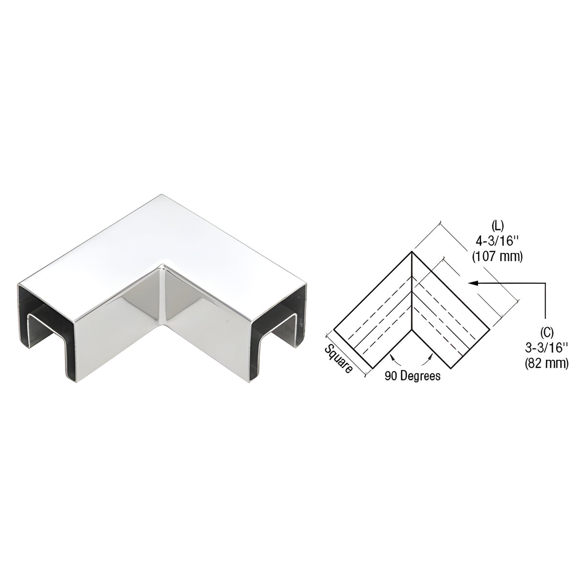 CRL 316 Polished Stainless Steel 90 Degree Horizontal Roll Formed Cap Rail Corner