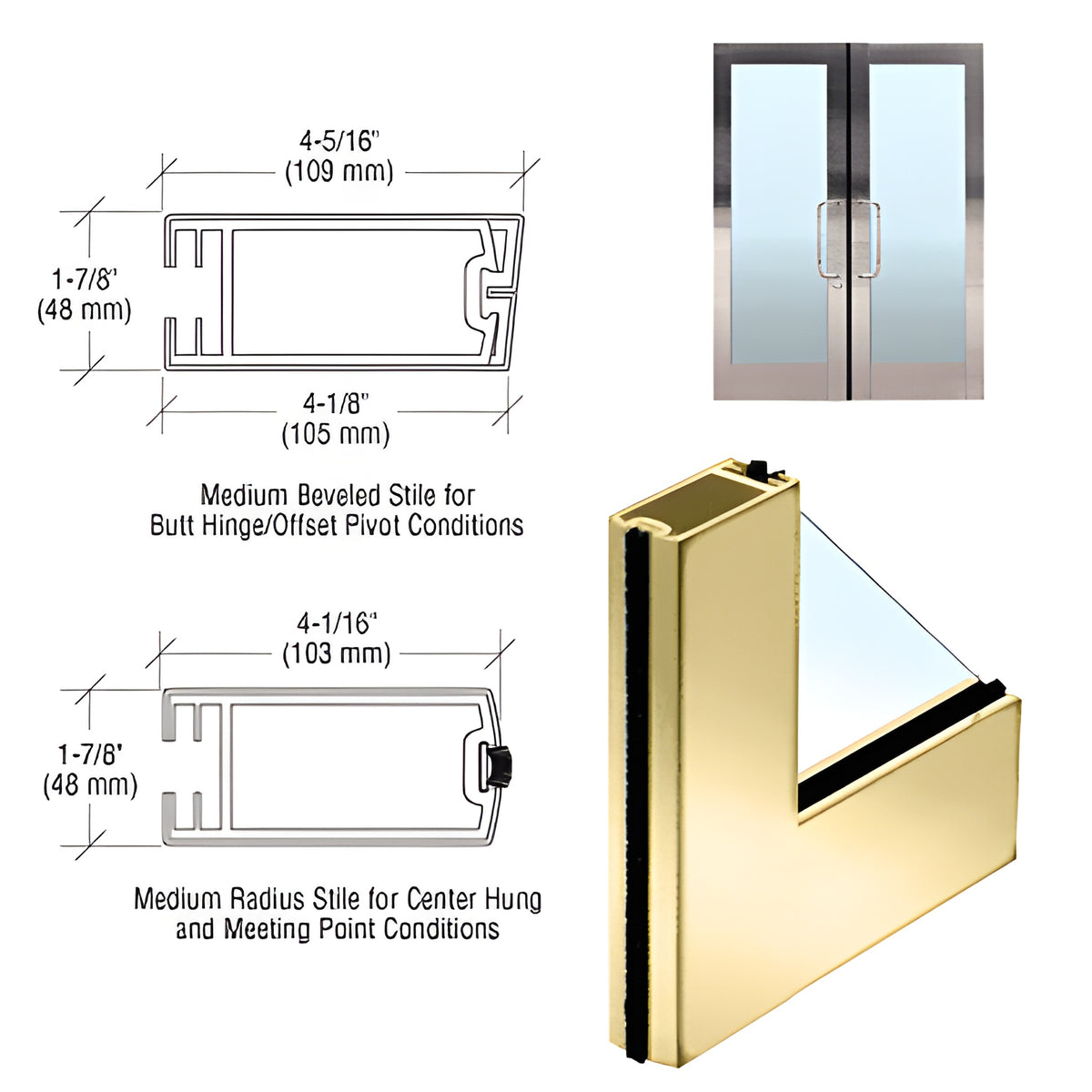 CRL 4" Polished Brass Medium Stile Clad Full Framed Door
