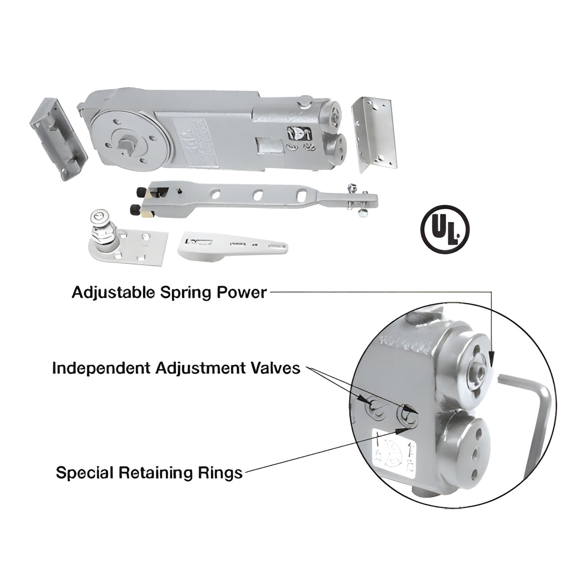 CRL 90º Hold Open Adjustable Spring Power Overhead Concealed Door Closer "A" Package