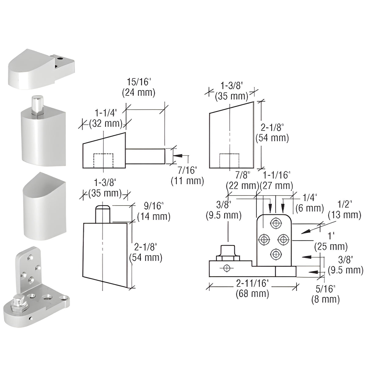 CRL Aluminum Offset Right Hand Pivot Set with 3/32" Recess