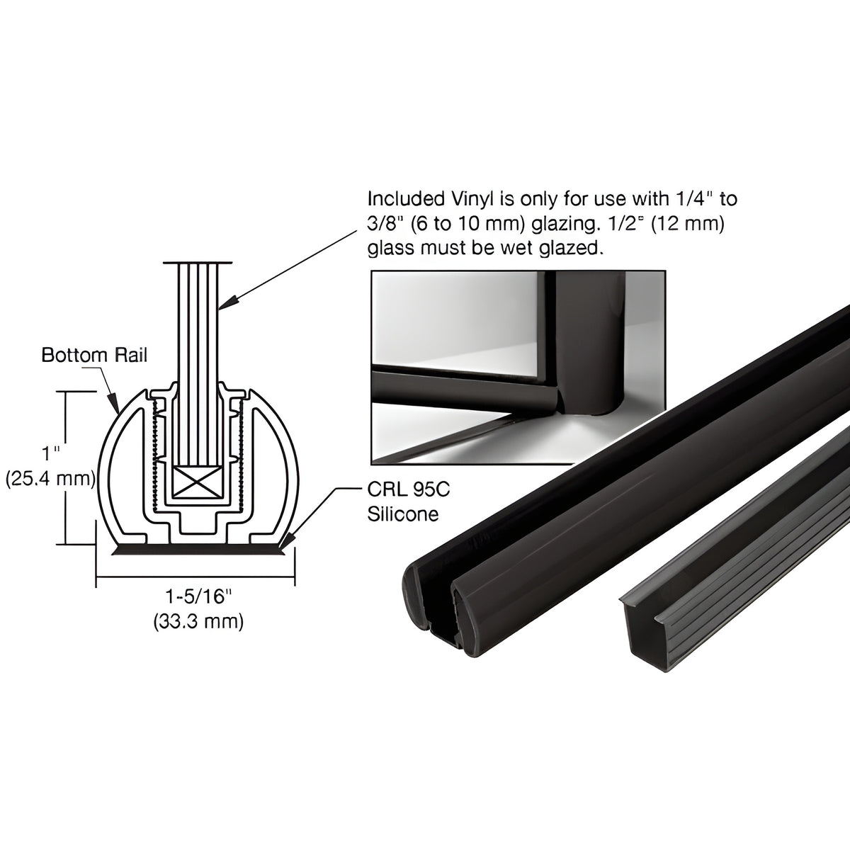 CRL Black AWS 48" Bottom Rail Kit with Rigid Glazing Vinyl