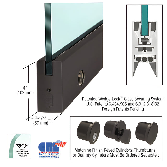 CRL Black Bronze Anodized 5/8" Glass 4" Square Door Rail With Lock - 35-3/4" Length
