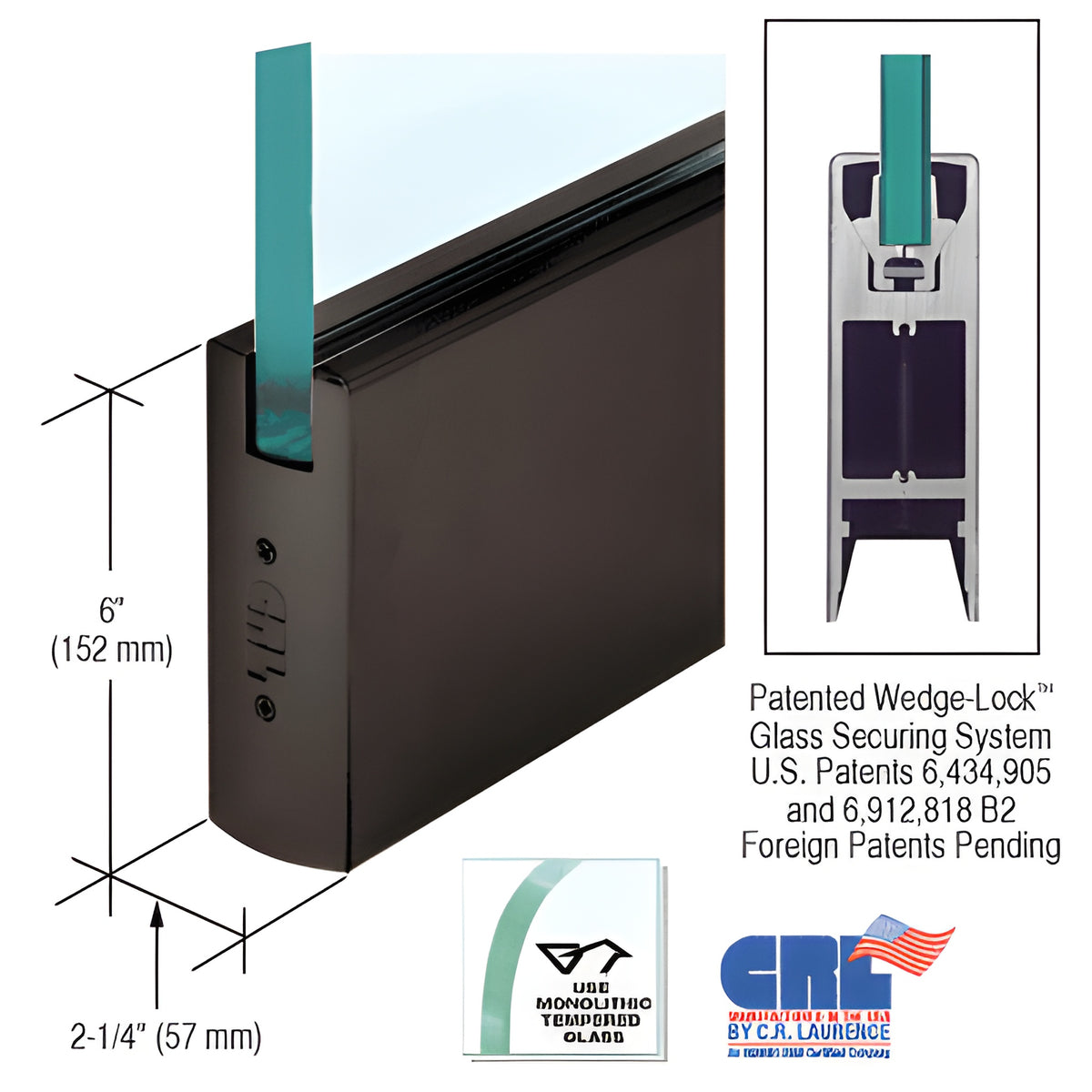 CRL Black Bronze Anodized 5/8" Glass 6" Square Door Rail Without Lock - 35-3/4" Length