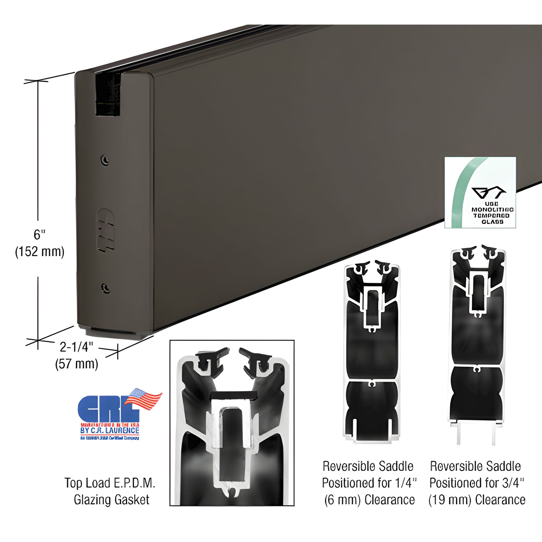 CRL Black Bronze Anodized 6" Square Sidelite Rail for 3/4" Glass 120" Length