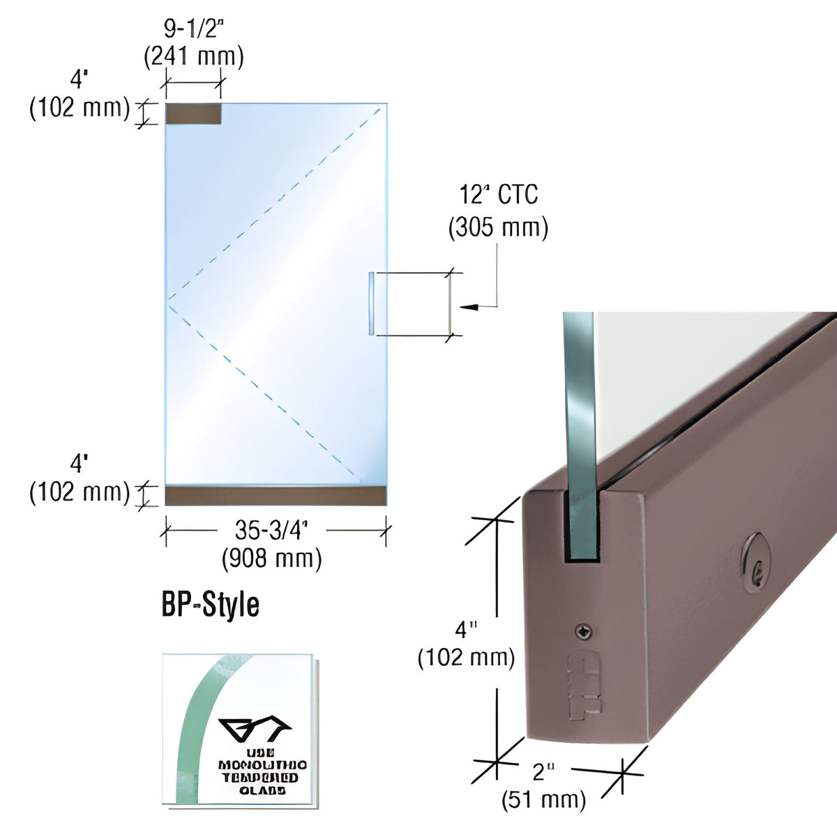 CRL Black/Bronze Anodized Dry Glazed Frameless Glass 3' BP-Style Single Door Only Kit - with Lock