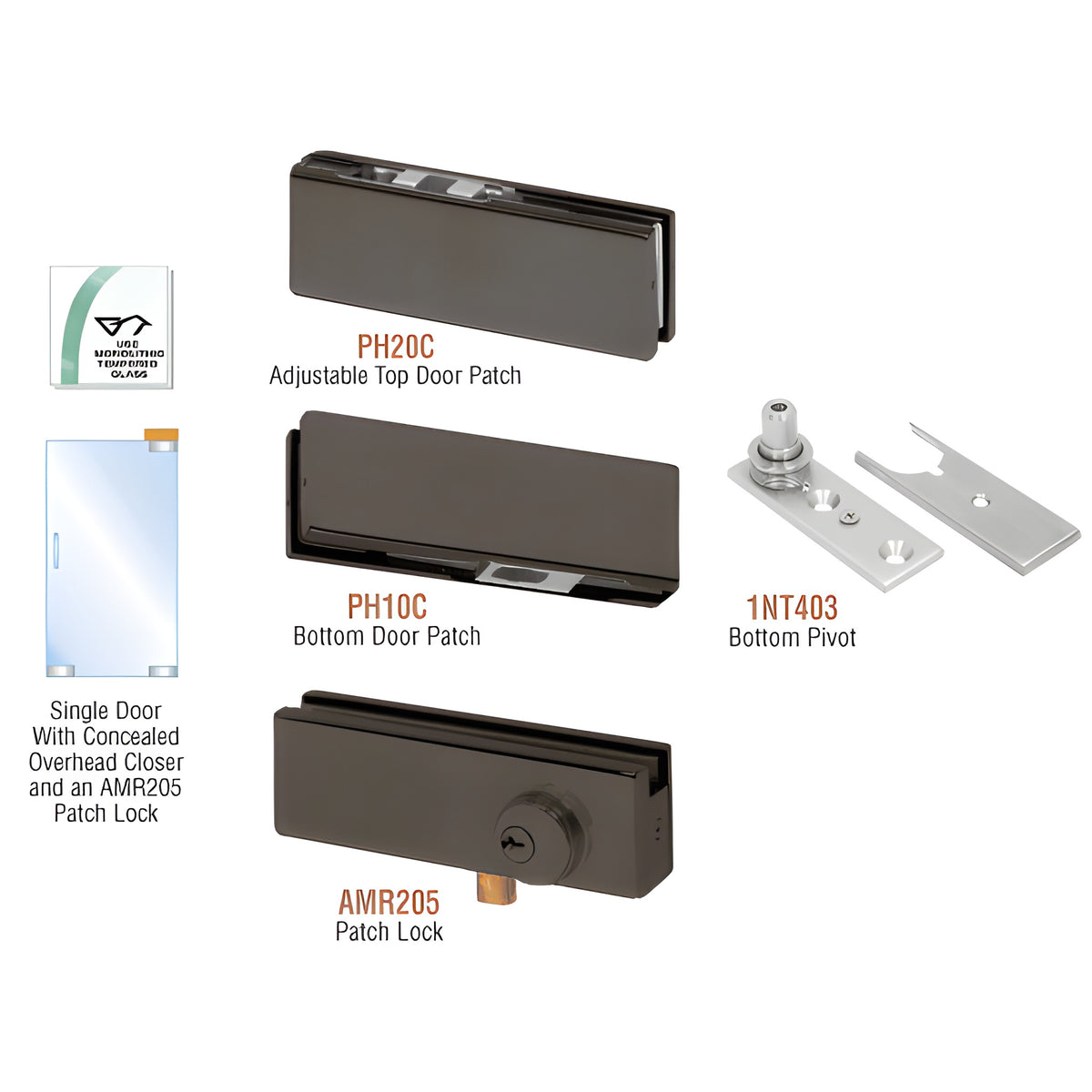 CRL Black Bronze Anodized North American Patch Door Kit for Use with Overhead Door Closer - With Lock