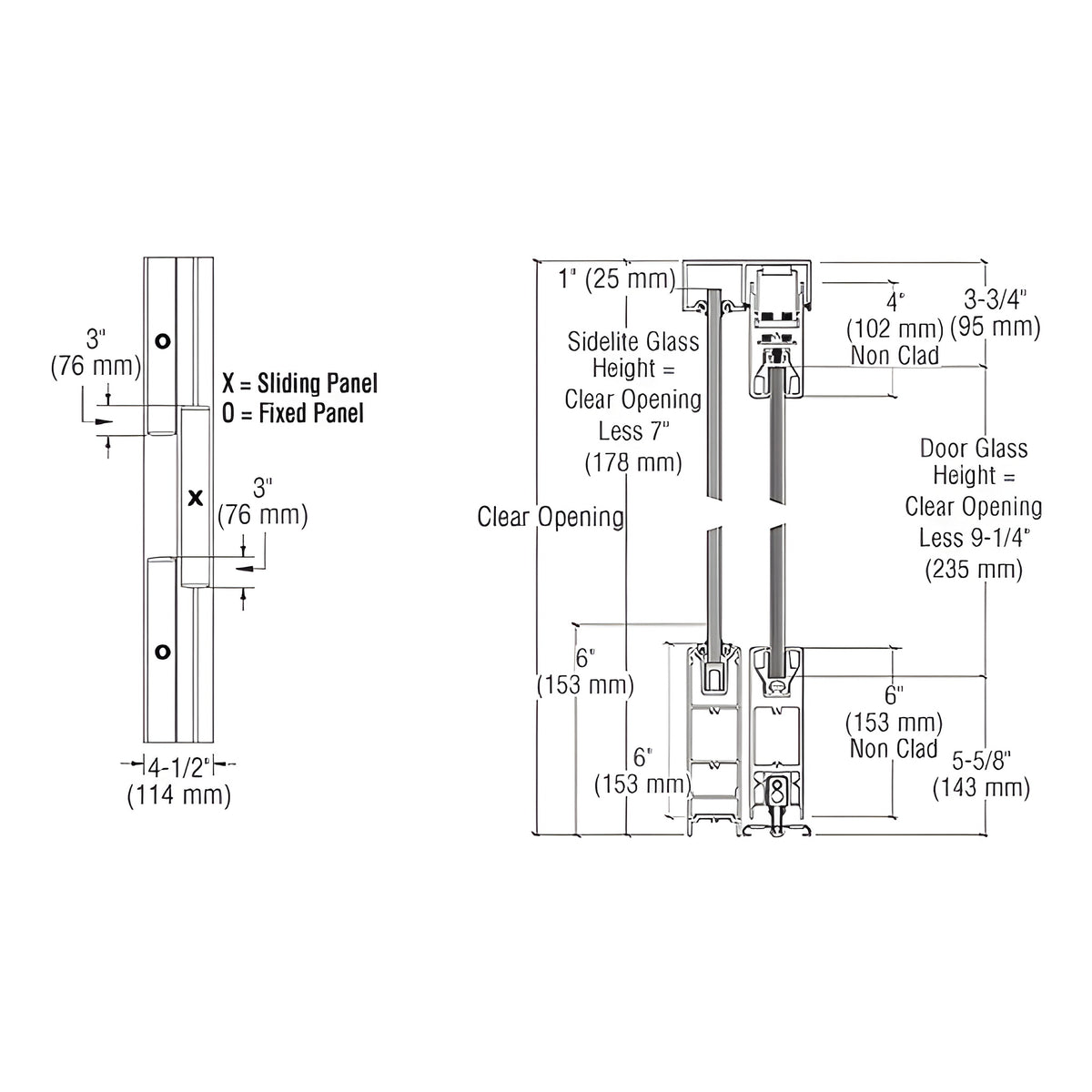 CRL Black Bronze Anodized OXO SSR 6" Bottom and 4" 241" Top Rail Square Sliding Door System
