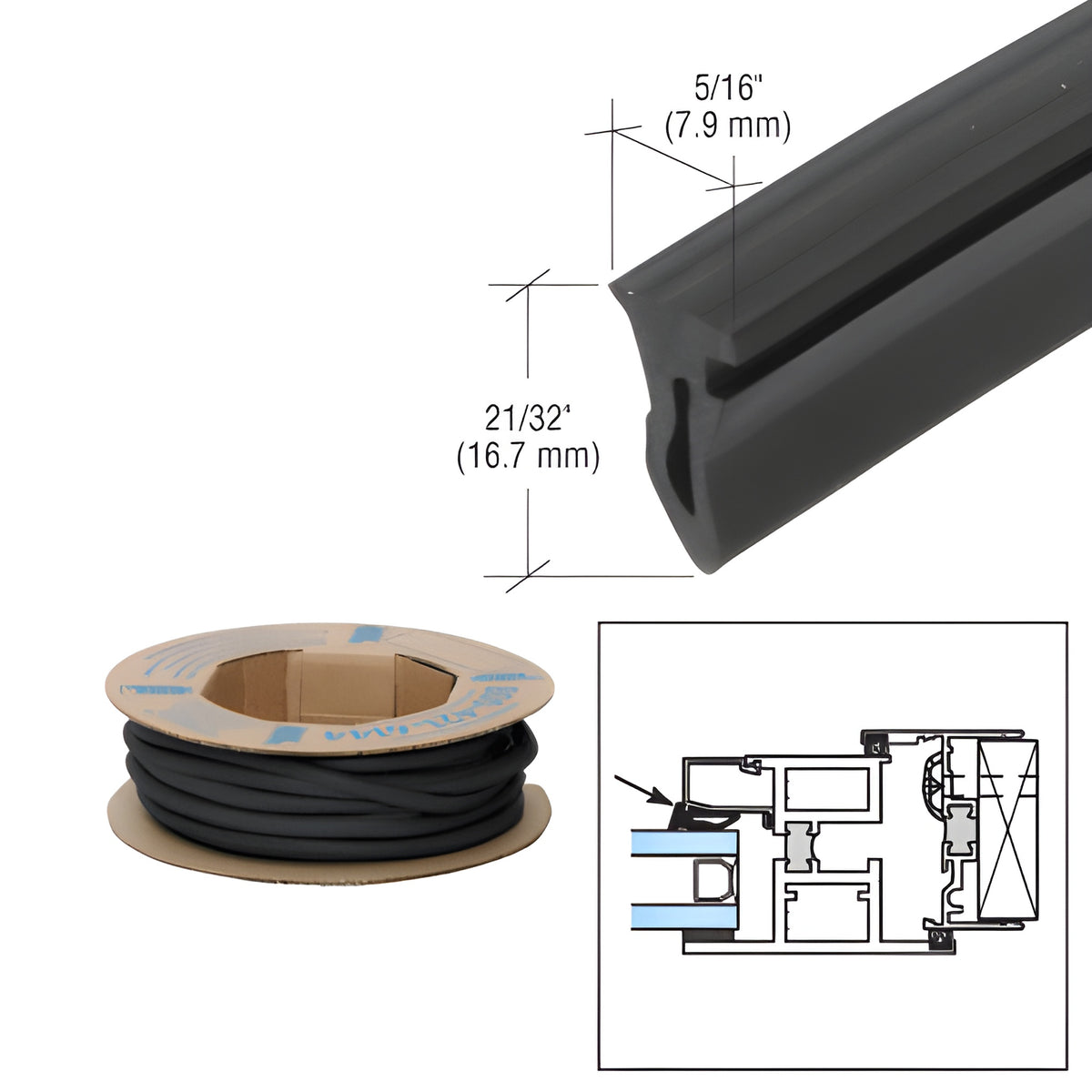 CRL Black Glazing Spline 21/32" Width - 300'