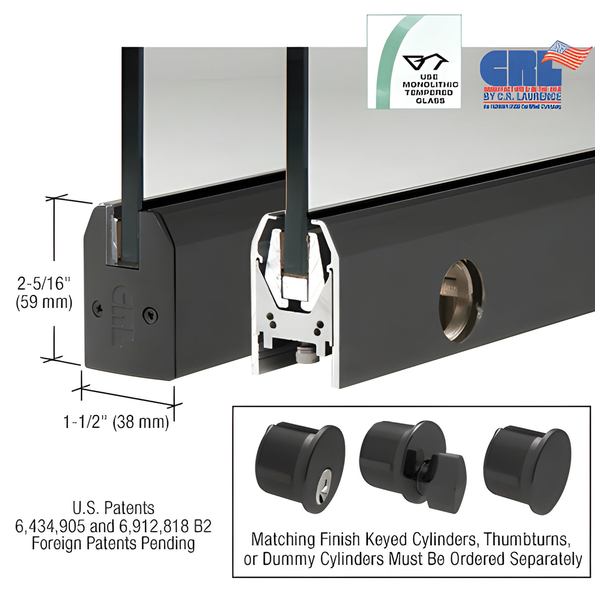 CRL Black Powder Coat 1/2" Glass Low Profile Tapered Door Rail With Lock - 35-3/4" Length