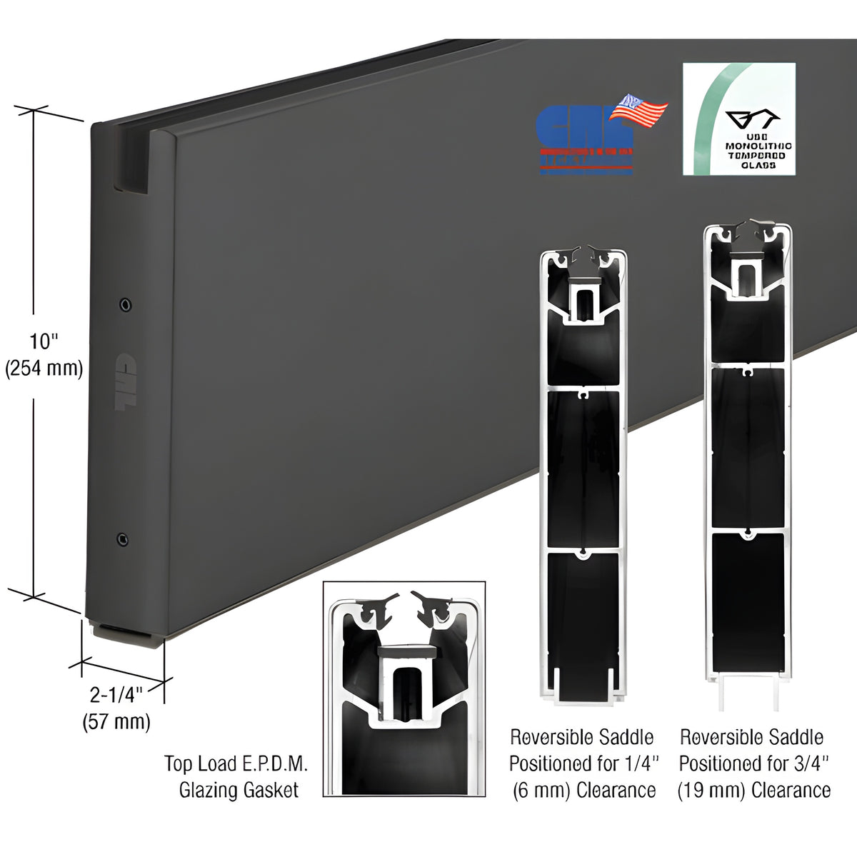 CRL Black Powder Coat 10" x 120" Length Square Sidelite Rail for 5/8" or 3/4" Glass