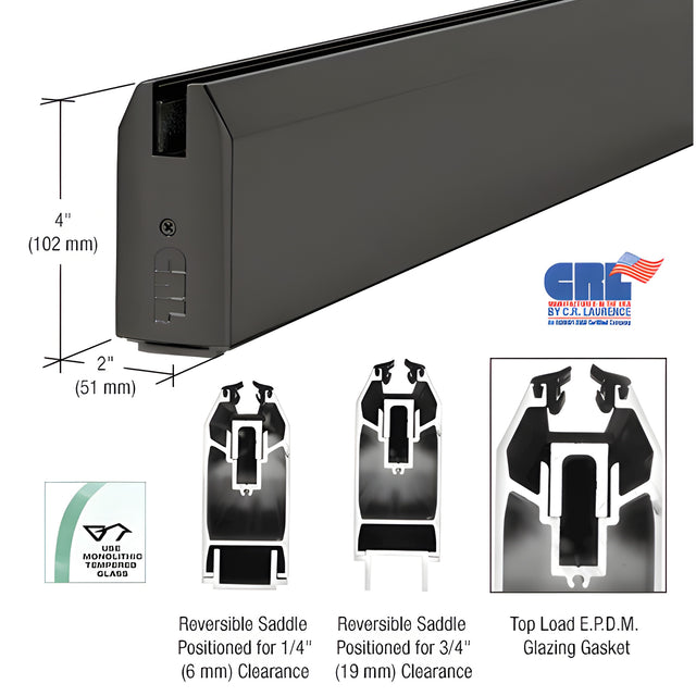 CRL Black Powder Coat 4" Custom Length Tapered Sidelite Rail for 3/8" and 1/2" Glass
