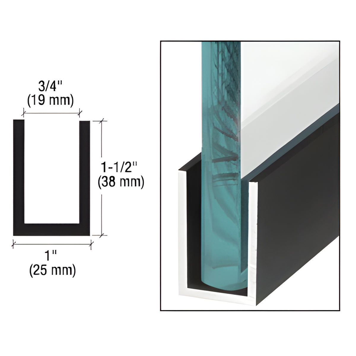 CRL Black Powder Coat Wet / Dry Glaze 1-1/2" Deep U-Channel 240" Stock Length