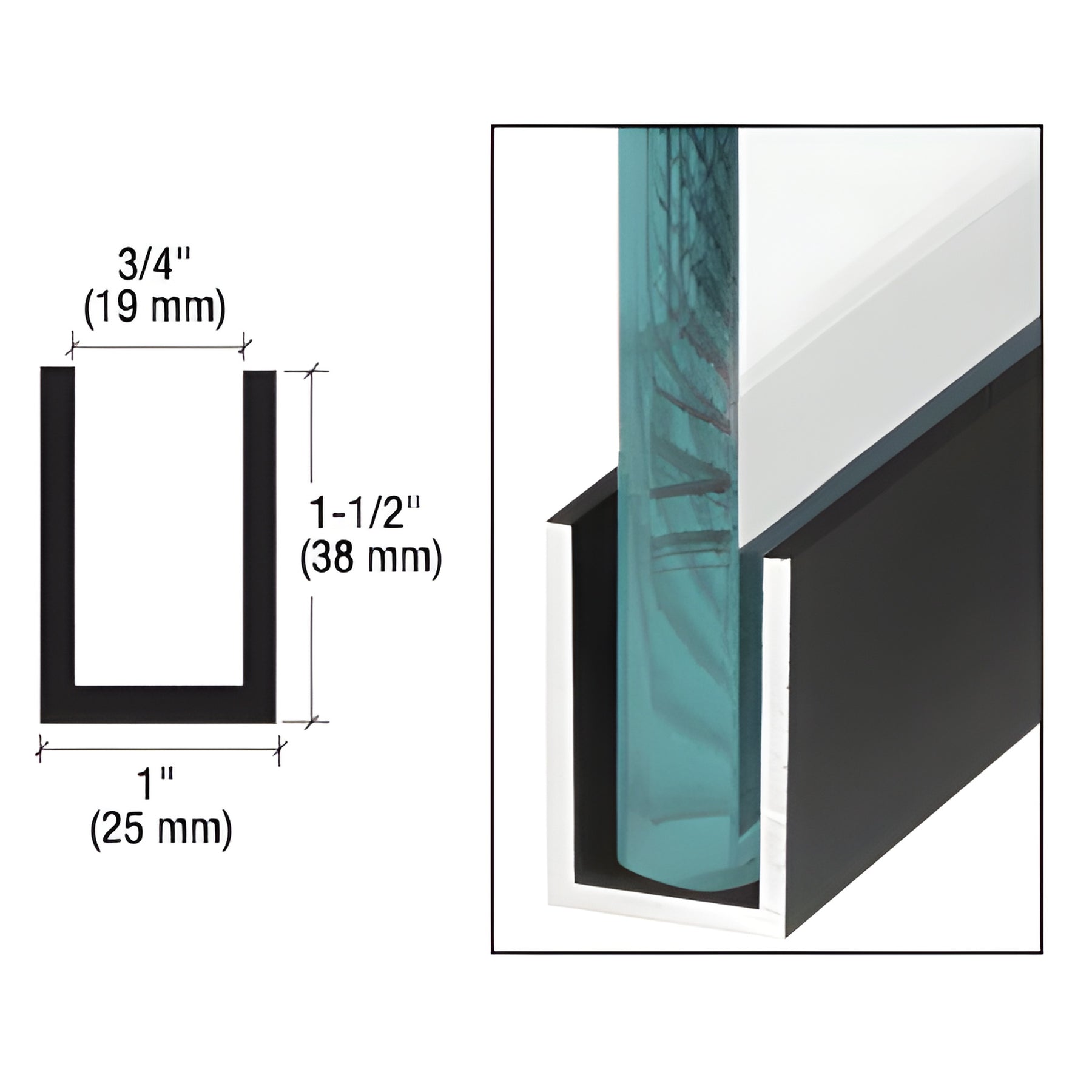 CRL Black Powder Coat Wet / Dry Glaze 1-1/2" Deep U-Channel 240" Stock Length