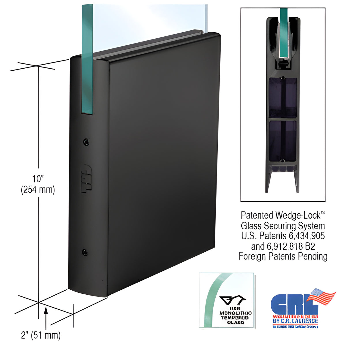 CRL Black Powder Coated 1/2" Glass 10" Square Door Rail Without Lock - Custom Length