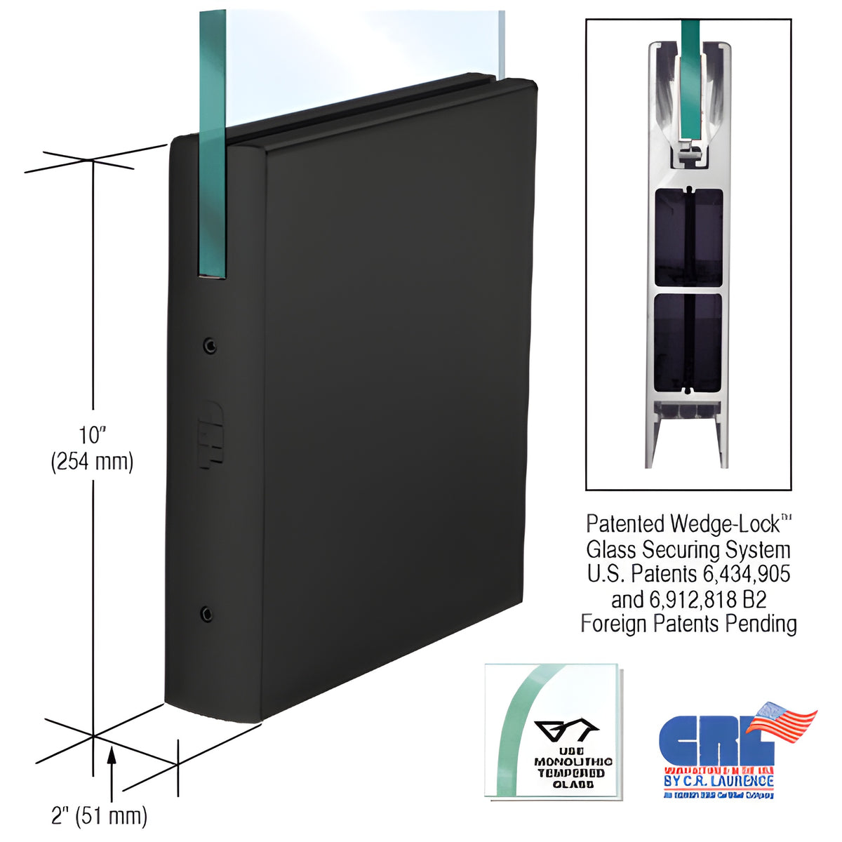 CRL Black Powder Coated 1/2" Glass 10" Square Door Rail Without Lock - 35-3/4" Length